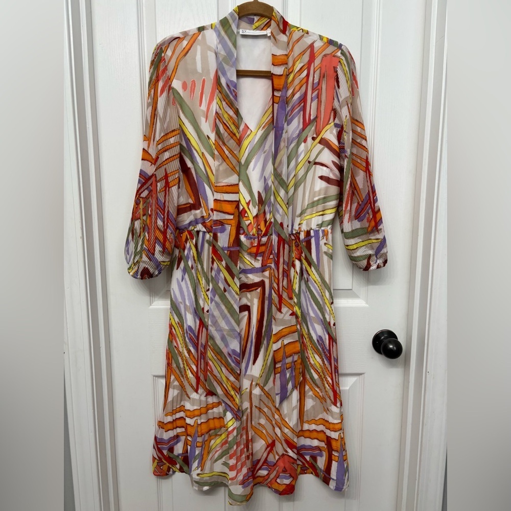 NY&Co Abstract Print Tie-Neck Dress | Women’s Large | Flowy Chiffon Midi
